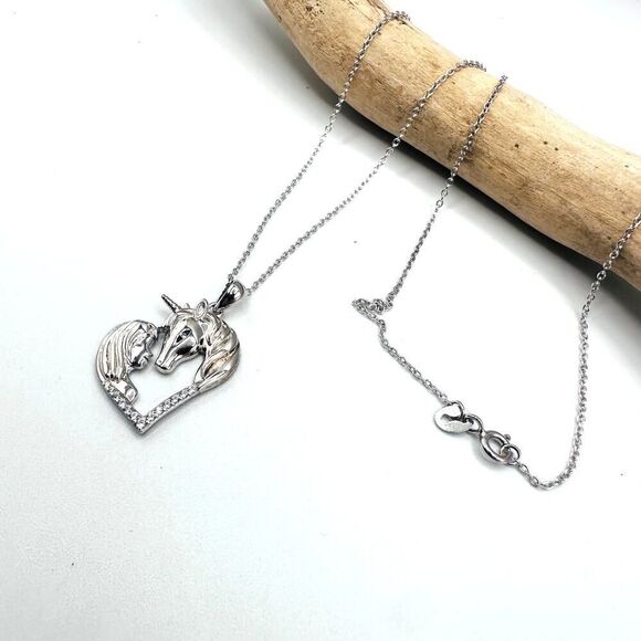 Horse With Girl & Heart CZ Sterling Silver Necklace - Picture 6 of 7